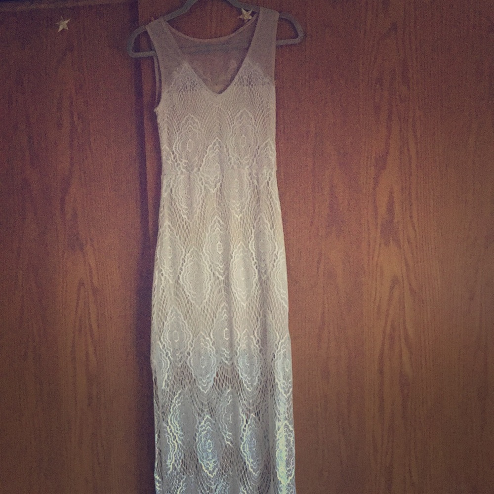 Sheer mesh and lace dress, side slit, lined